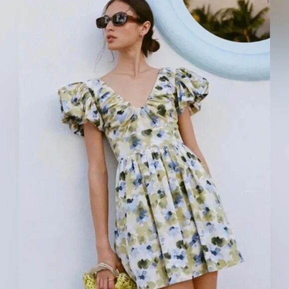 Abercrombie & Fitch Mini Dress Puff Sleeve Floral Cottagecore Small TALL Green - Picture 1 of 5